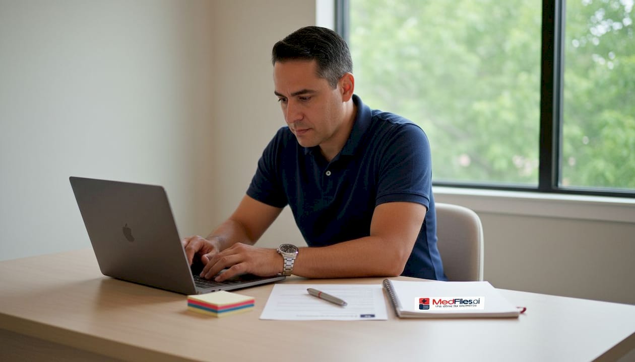 Hands typing on laptop with medical documents nearby