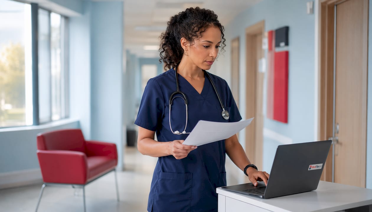 Clinician typing and reviewing clinical documentation