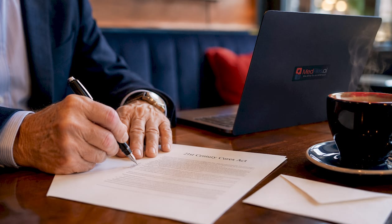Close-up of hands signing healthcare regulation document