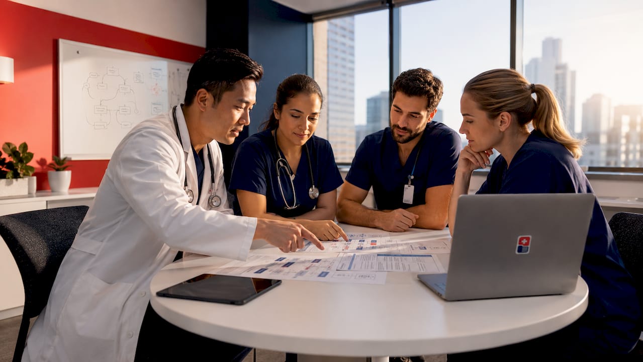 Hospital staff collaborating on data exchange