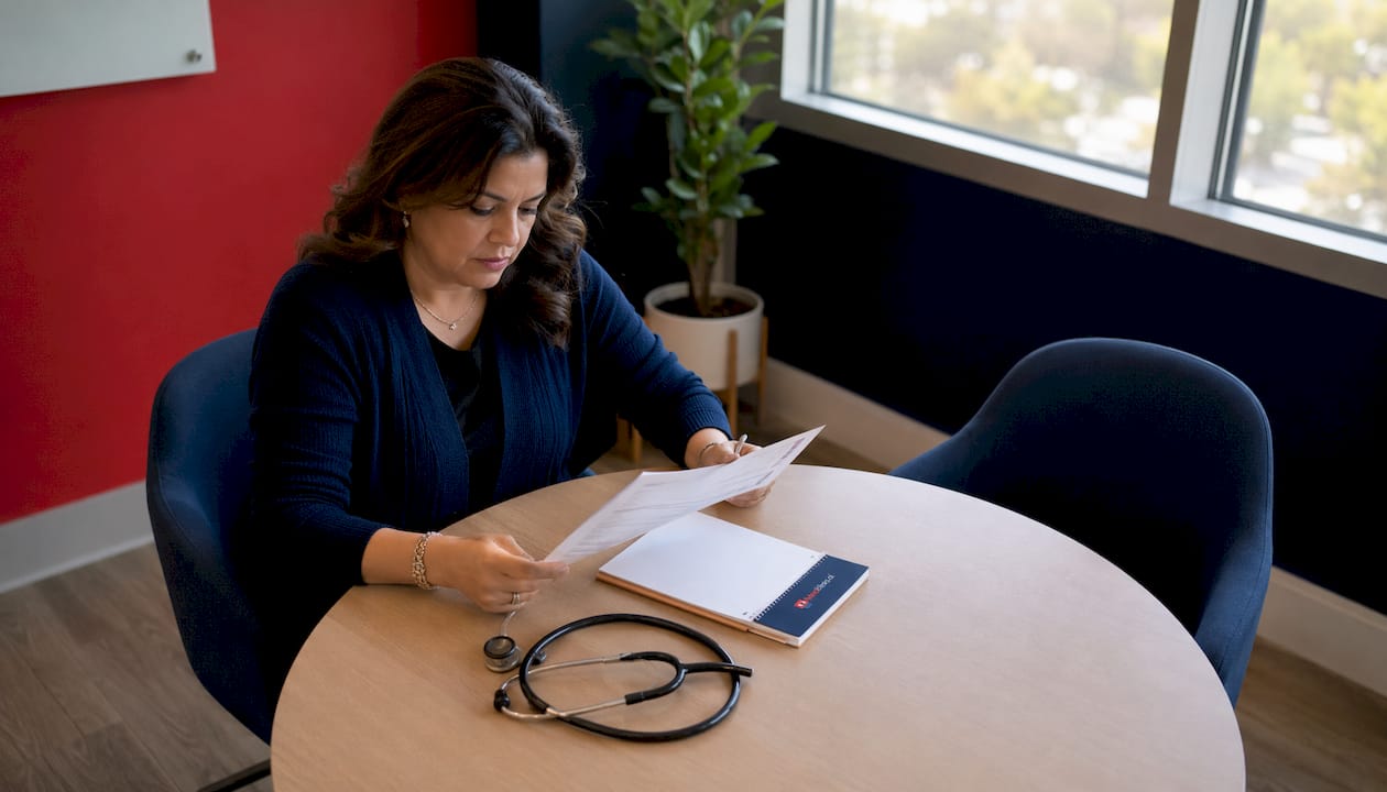 Specialist reviewing patient referral note at desk