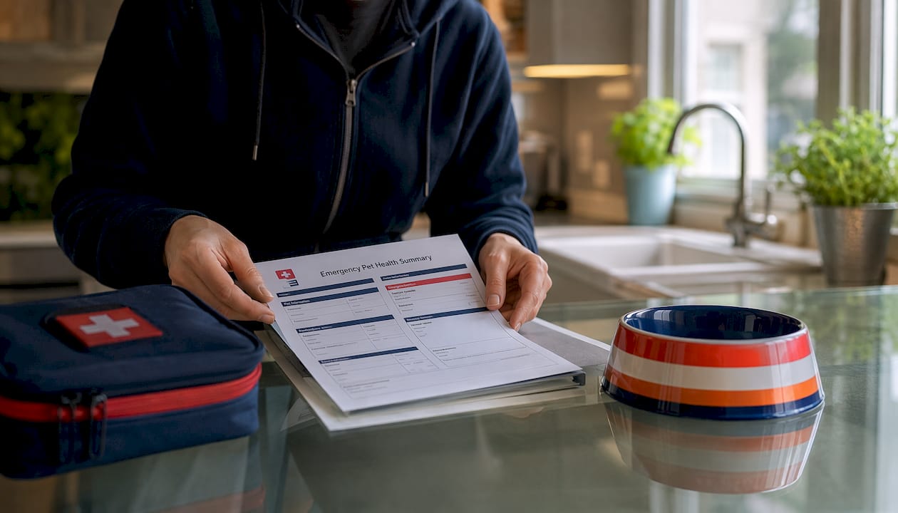 Hands preparing pet emergency health summary