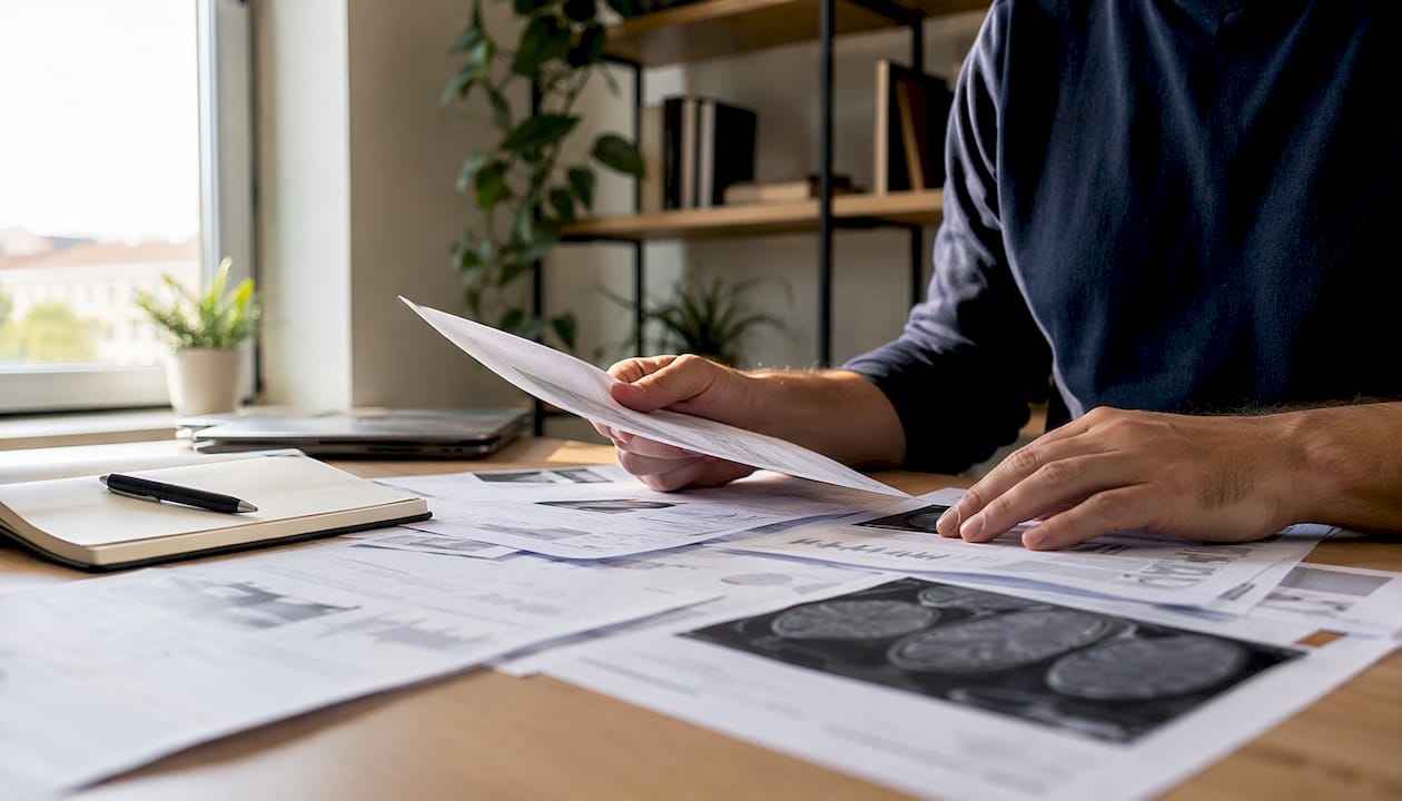 Unas manos introducen datos médicos en un ordenador sobre una mesa de trabajo.