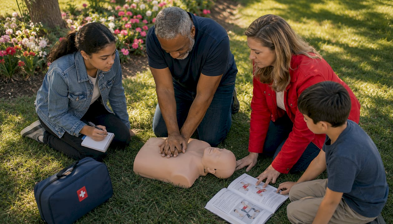 Family practicing CPR on training mannequin together