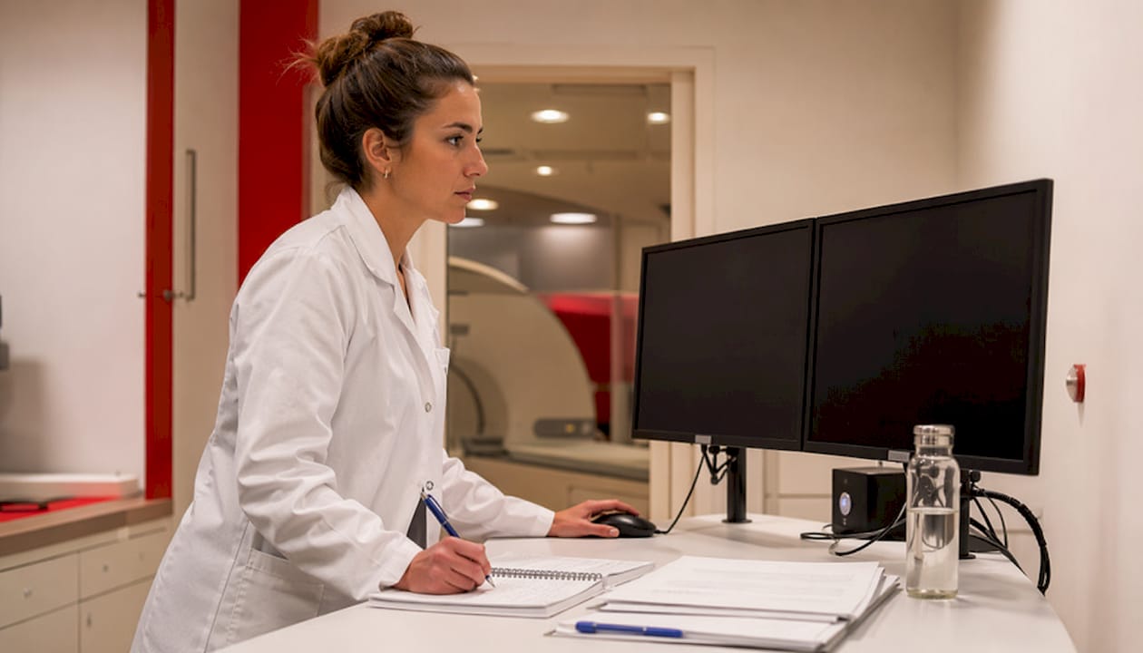 Especialista en radiología revisando imágenes médicas en los monitores de la sala