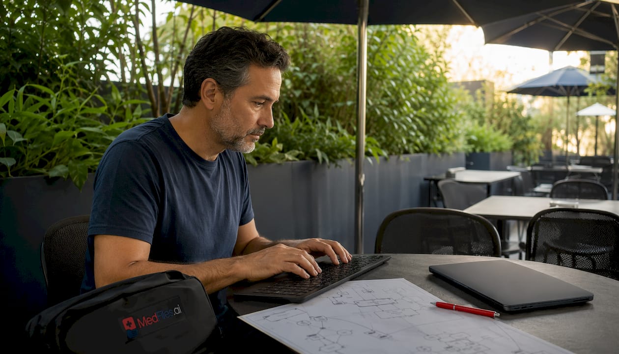Hands typing next to clinical data integration documents overhead view