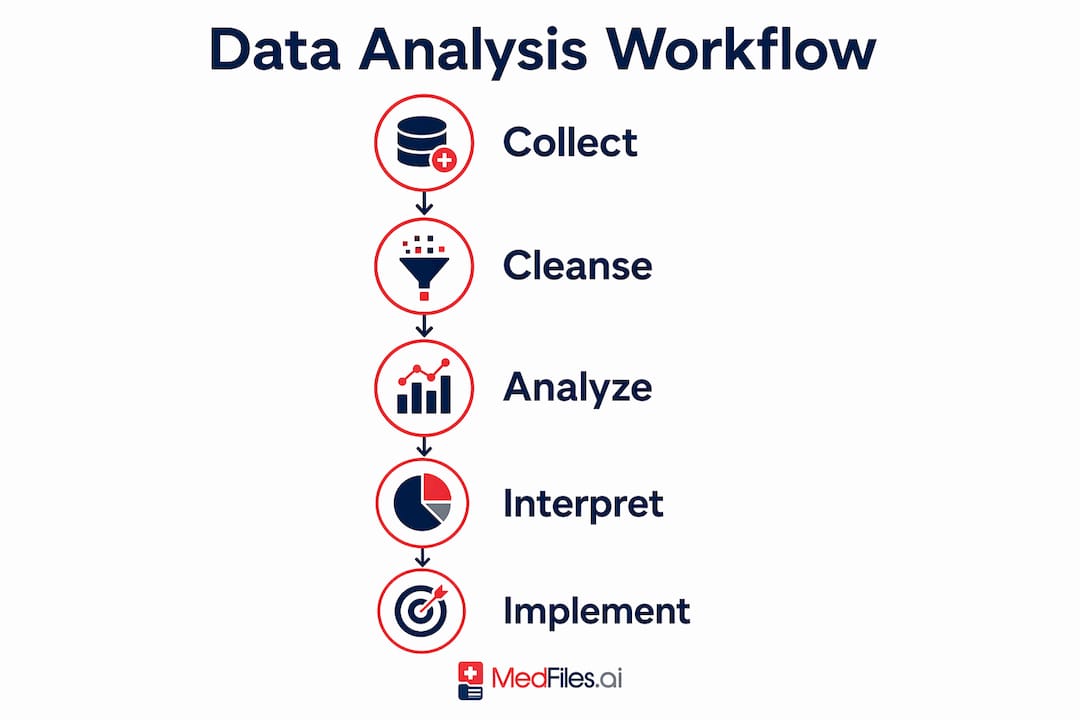 Infographic illustrating healthcare data analysis workflow steps