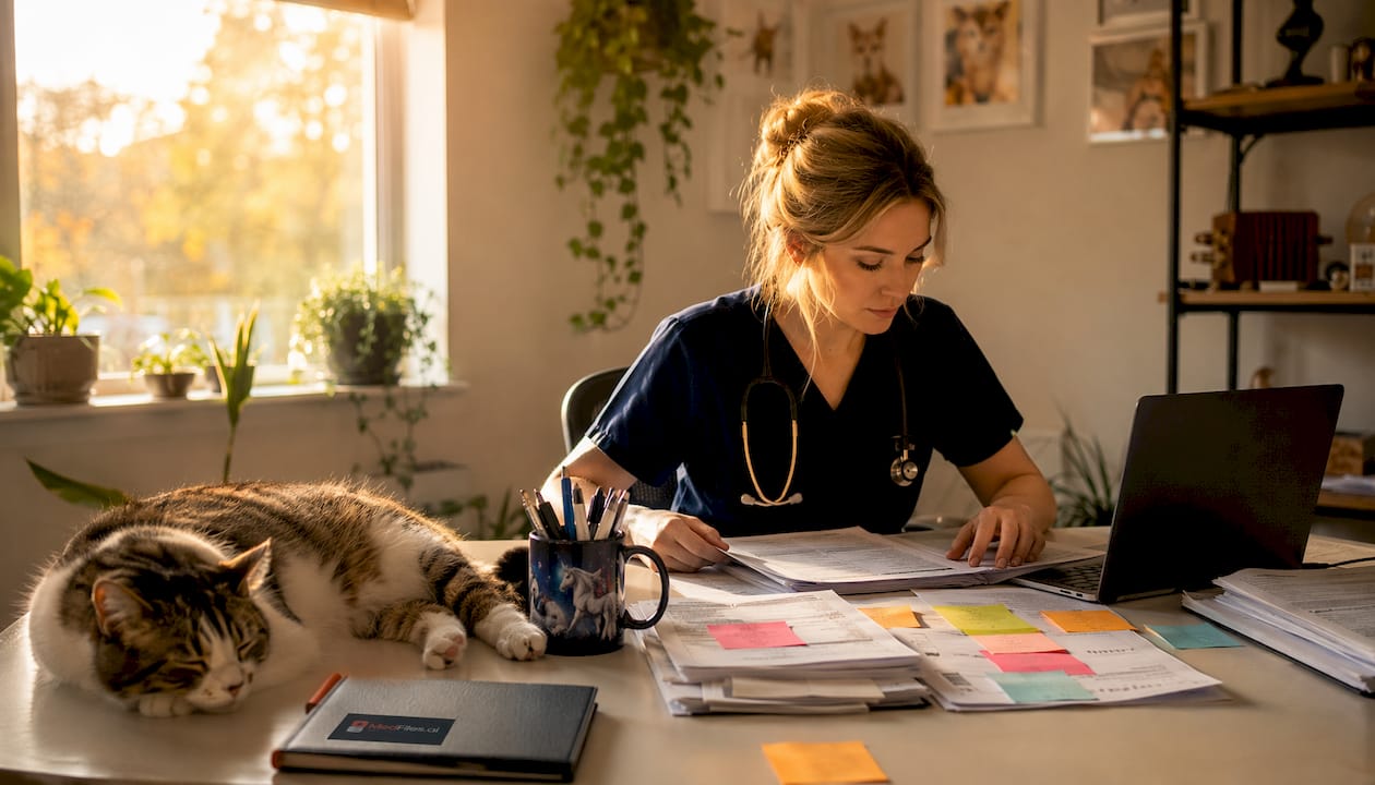 Hands sorting printed pet health records on desk