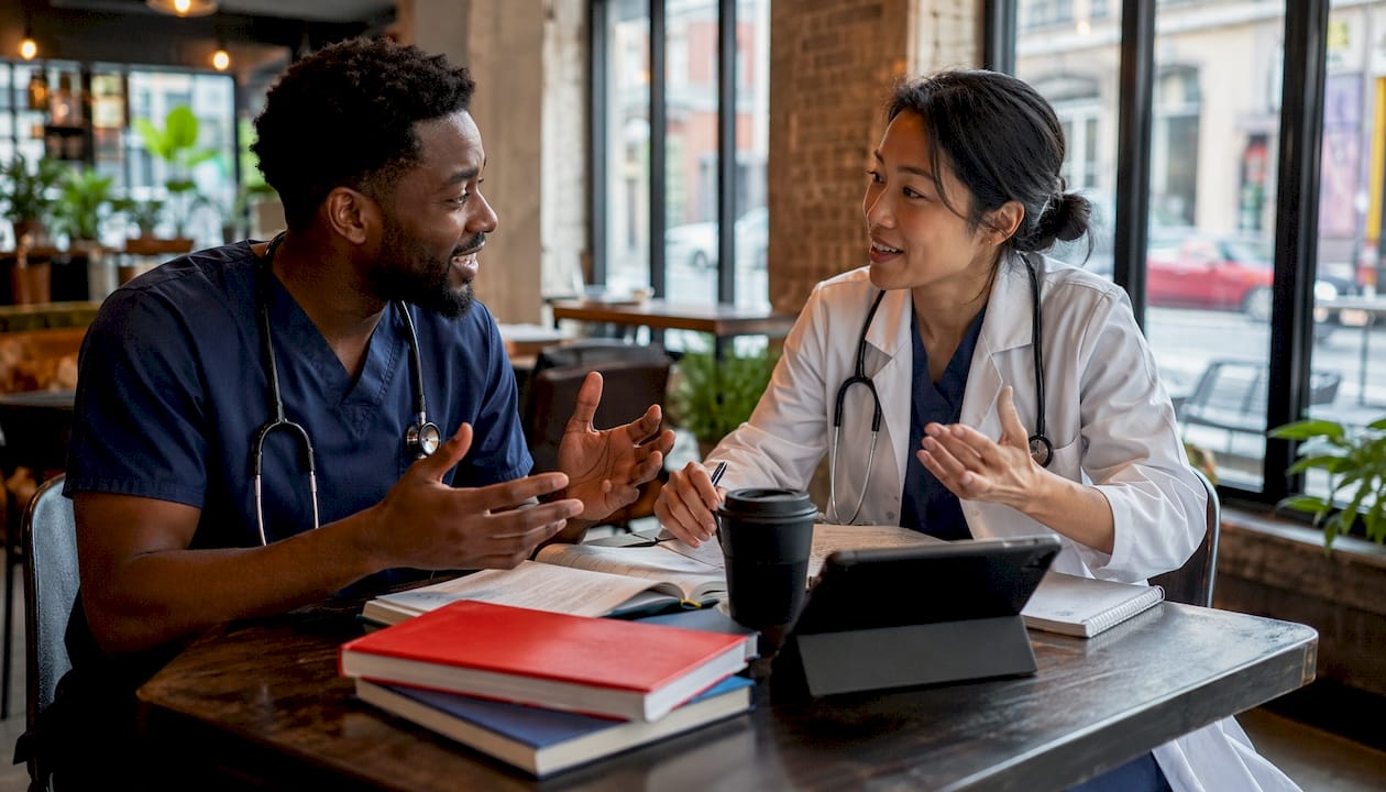 Healthcare pros discussing networking platforms