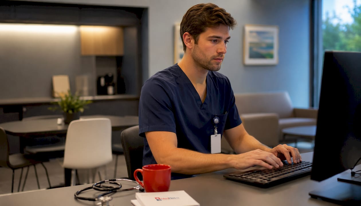 Nurse entering patient data at station