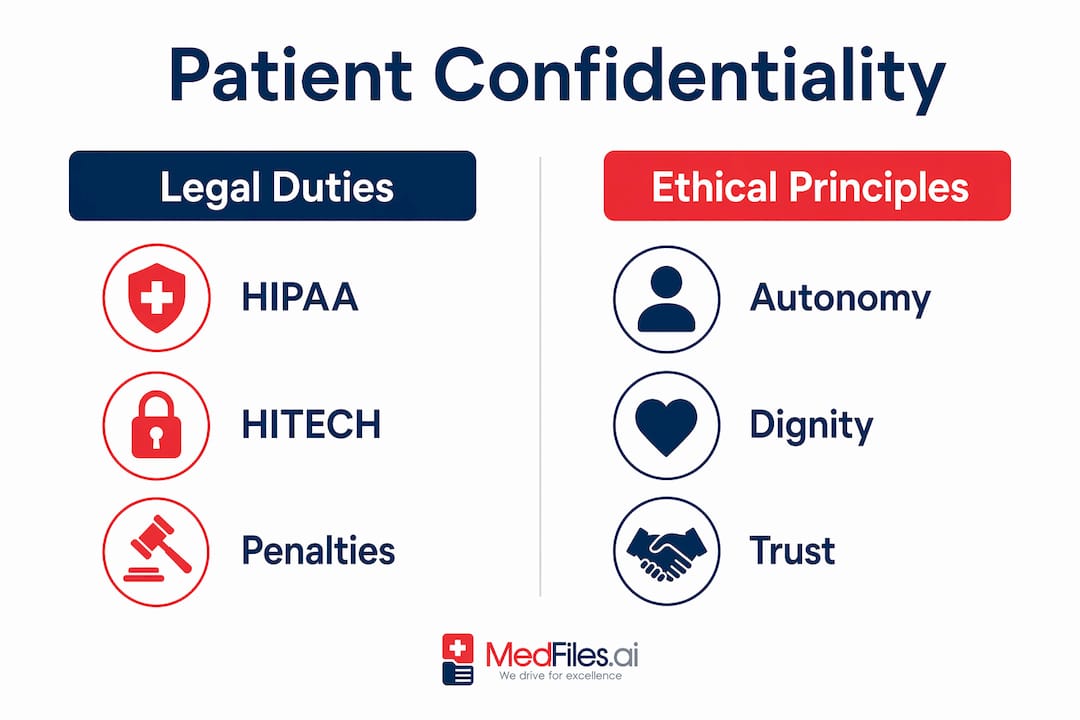 Infographic comparing legal and ethical aspects of patient confidentiality