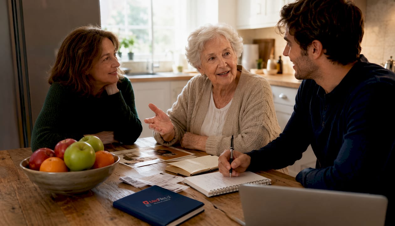 Family discussing health history in living room