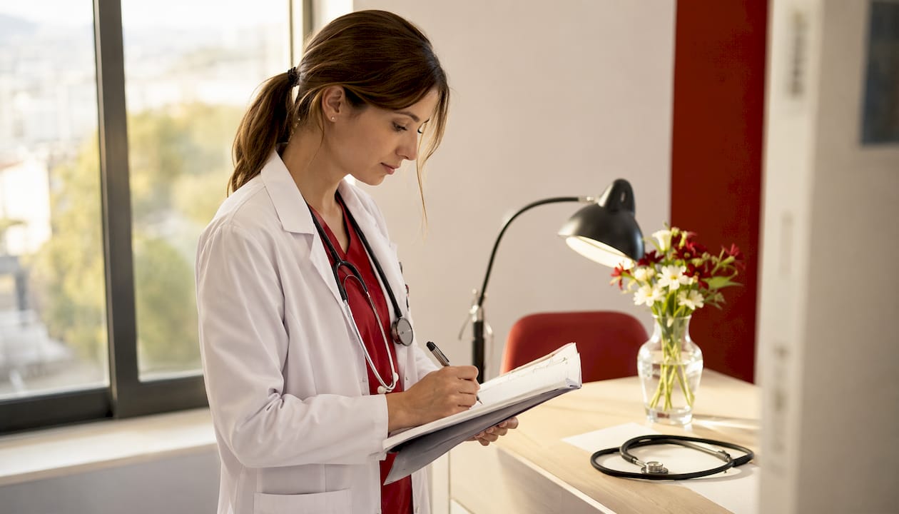 Médica revisando y anotando el historial familiar de una paciente durante la consulta