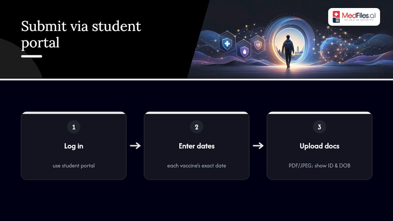Three-step student immunization portal submission flow
