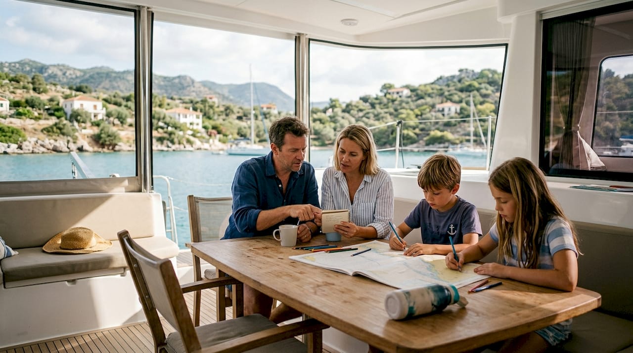 Family choosing itinerary on catamaran deck
