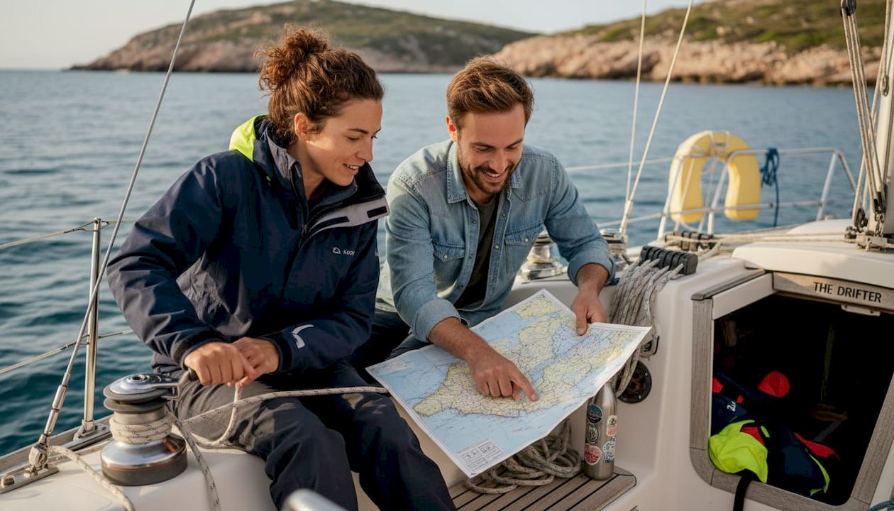 Friends adjusting lines on classic sailing boat