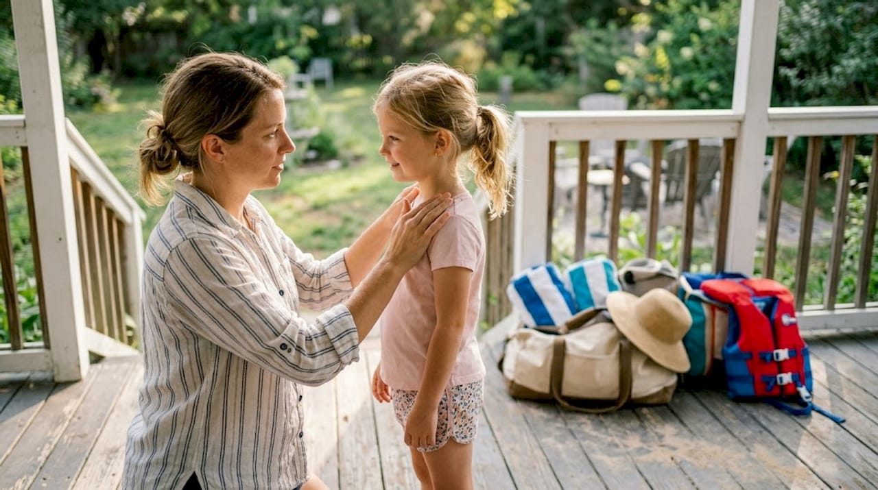 Mother applying sunscreen before sailing trip packing