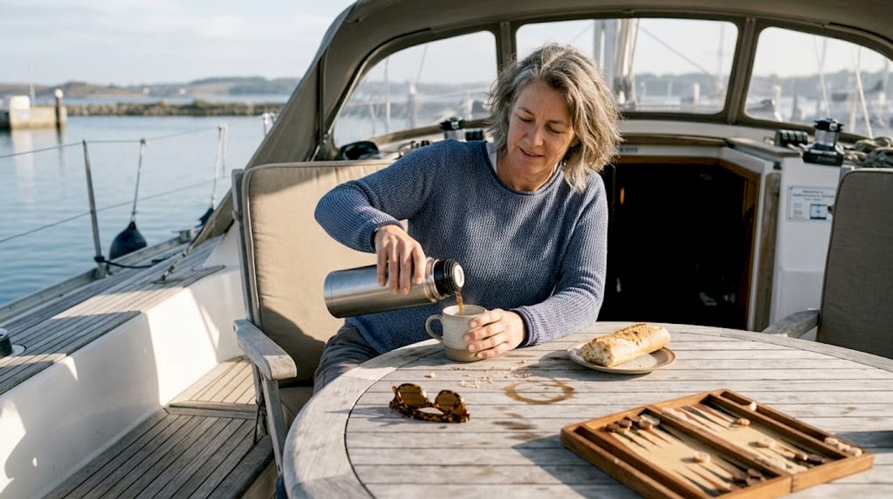 Woman pours coffee at yacht breakfast table