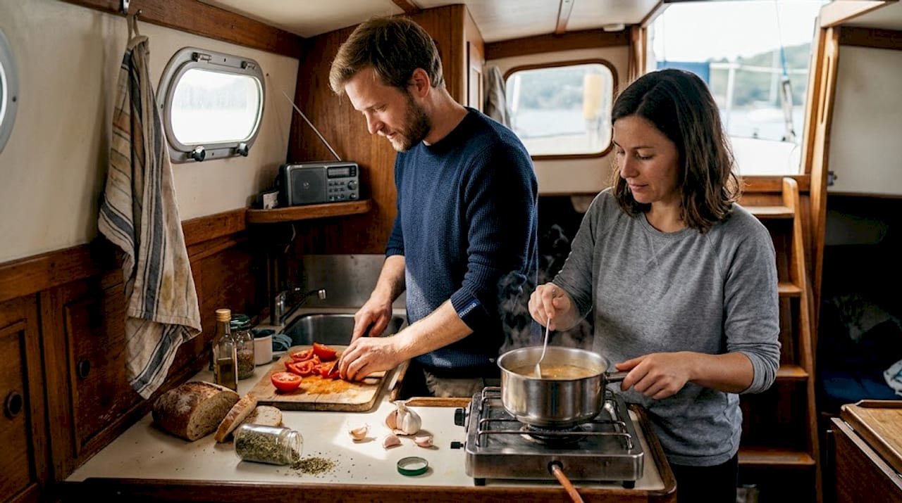 Lunch preparation in yacht galley kitchen