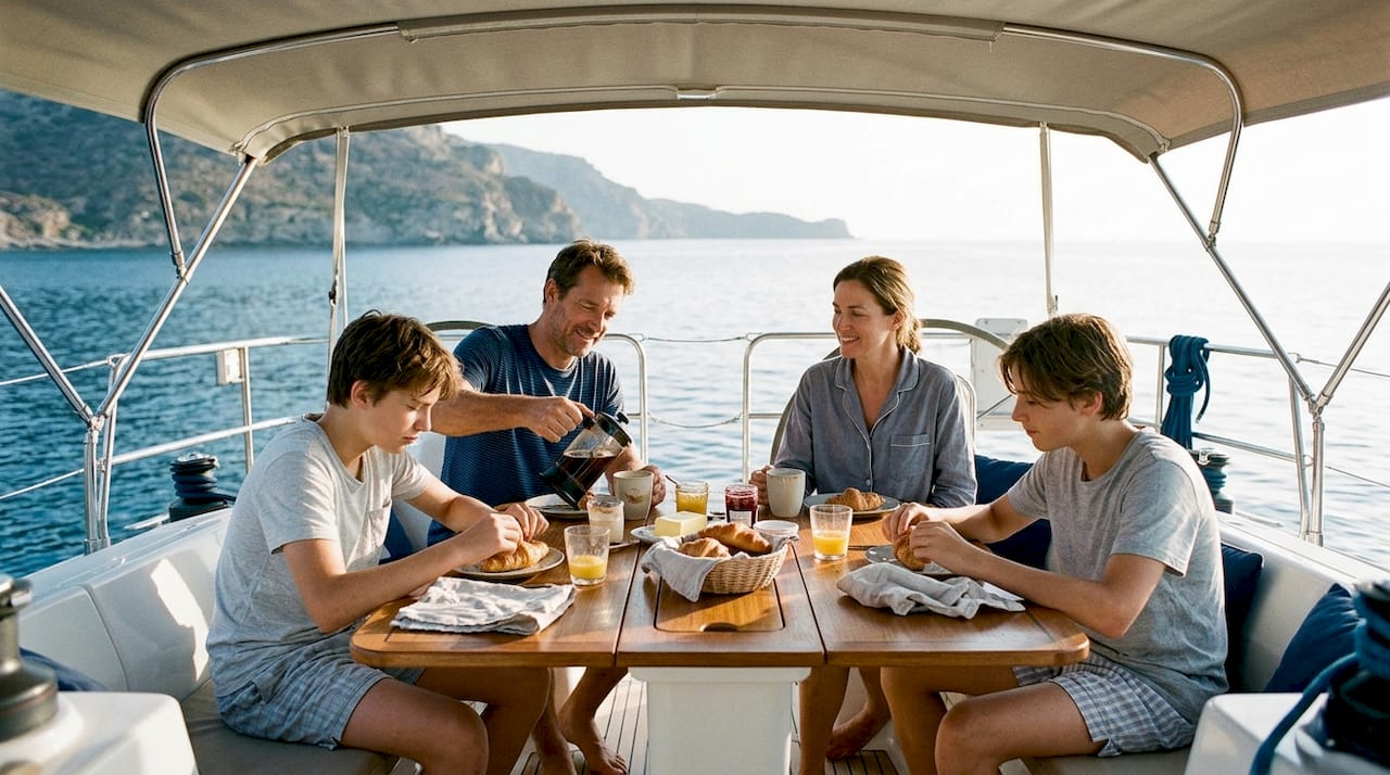 Family breakfast on yacht’s aft deck