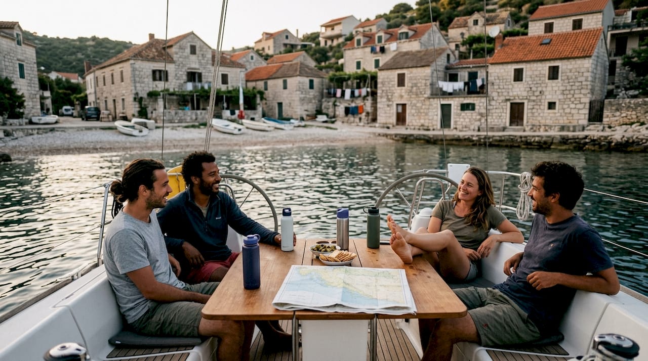 Prieteni la bordul unei bărci cu pânze lângă un sat croat