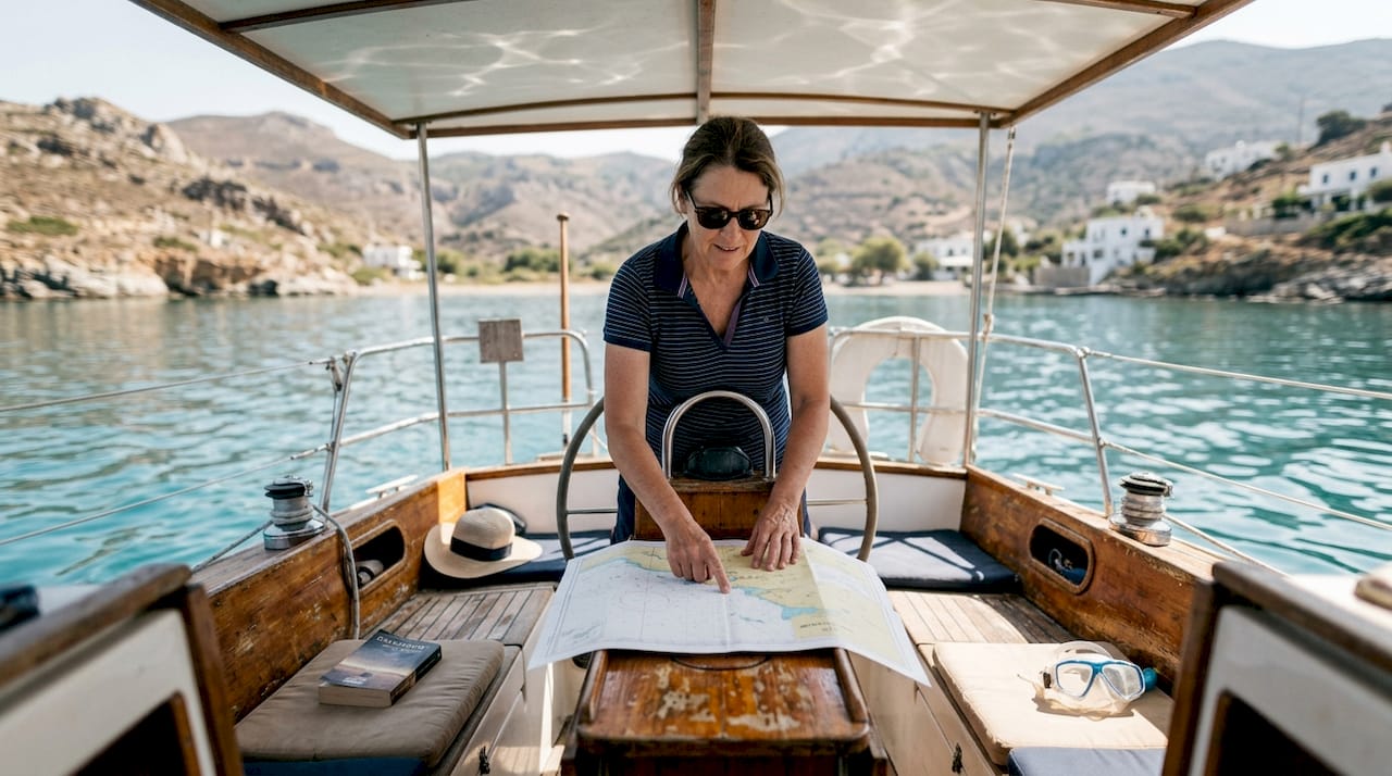 La barreuse planifie sa route à bord d'un yacht ancré