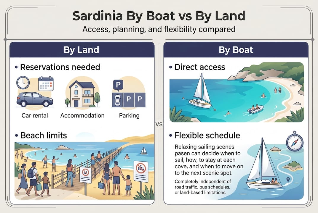Infographic comparing Sardinia by boat and land