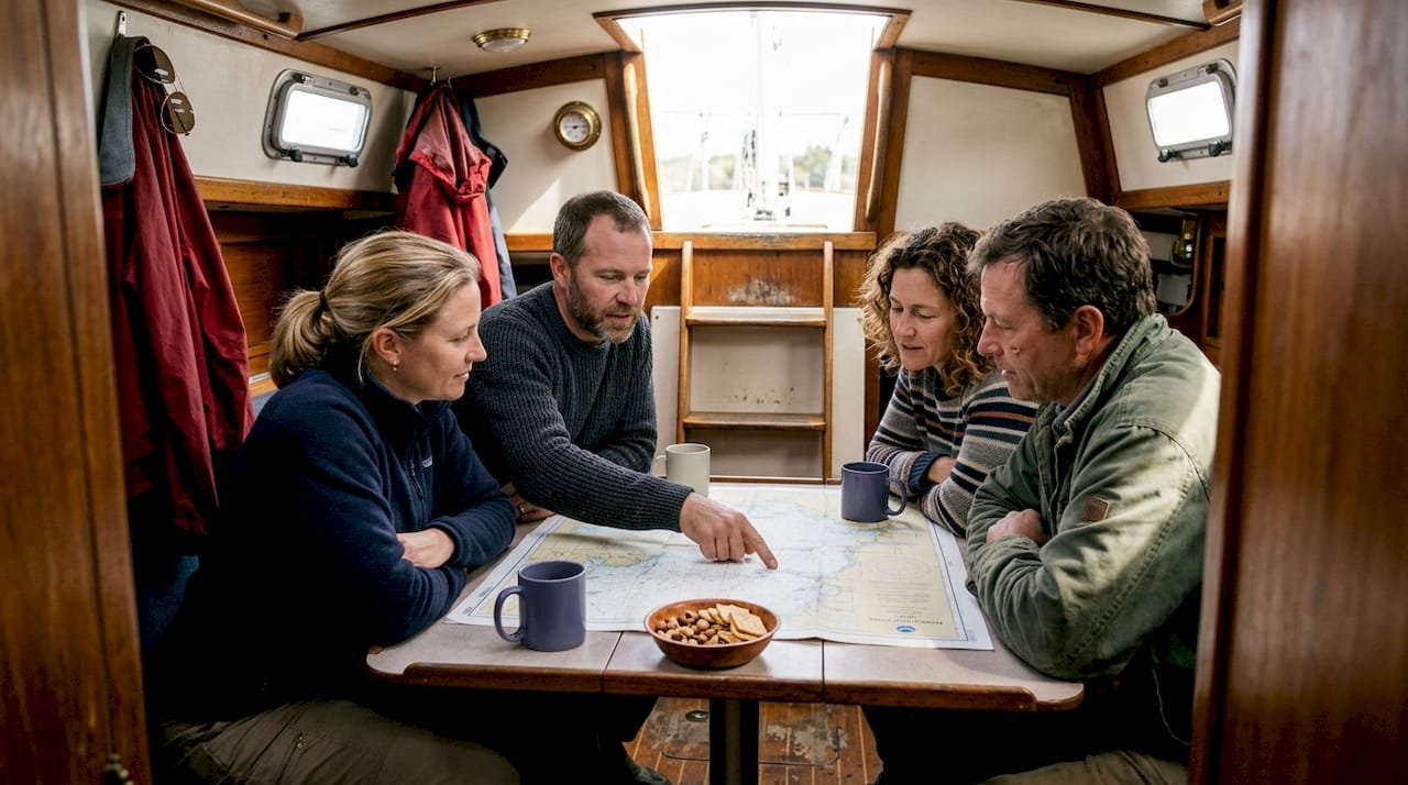 Friends planning route in sailboat interior