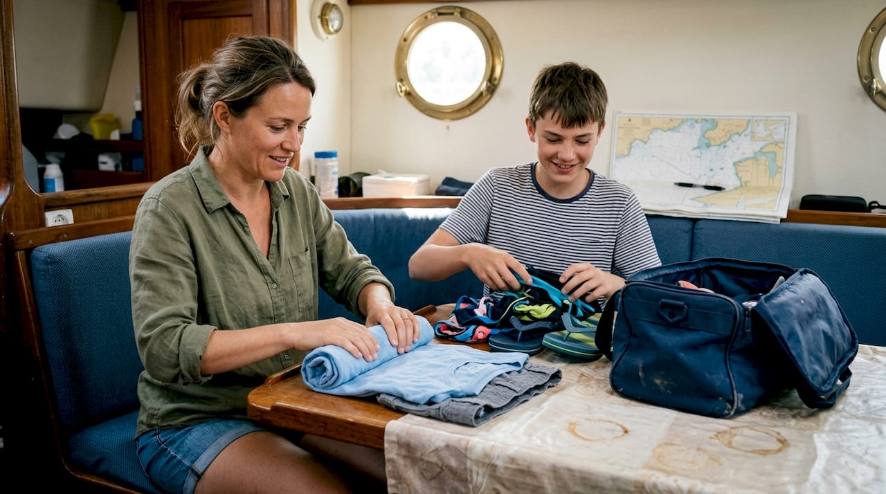 Family rolling clothes into duffel on sailboat