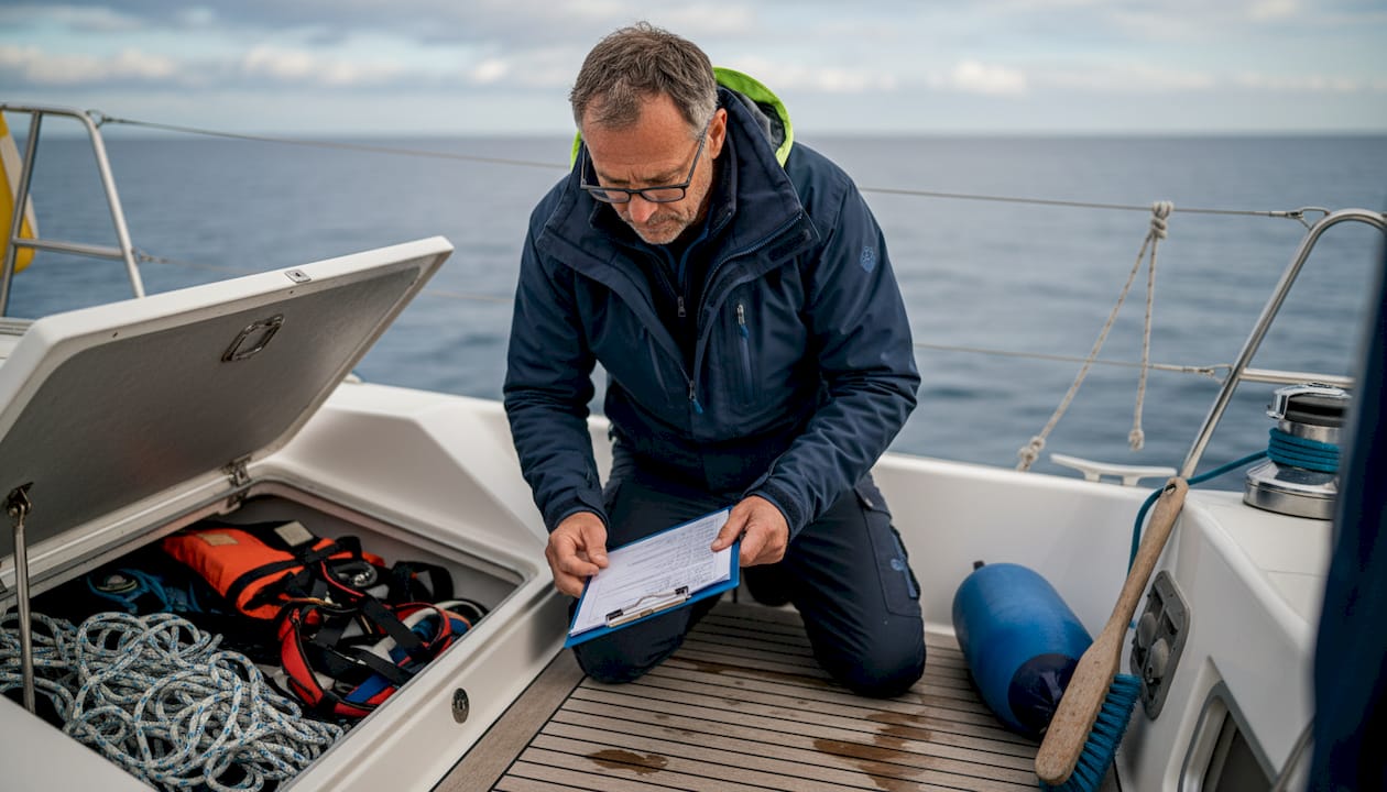 Sailor checking gear on charter boat deck