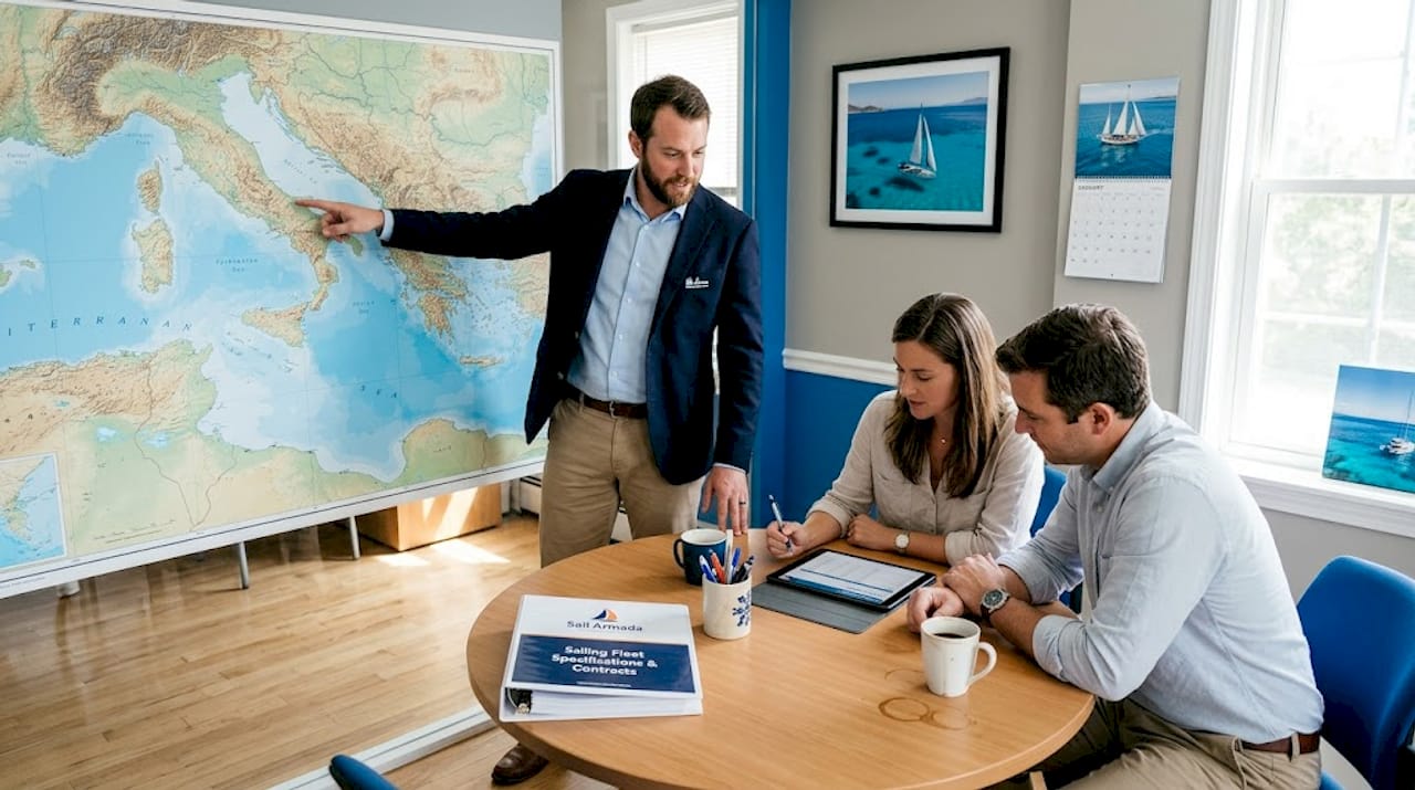 Customers reviewing sailing yacht options in office