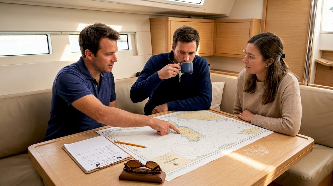 Friends planning itinerary with sailing chart