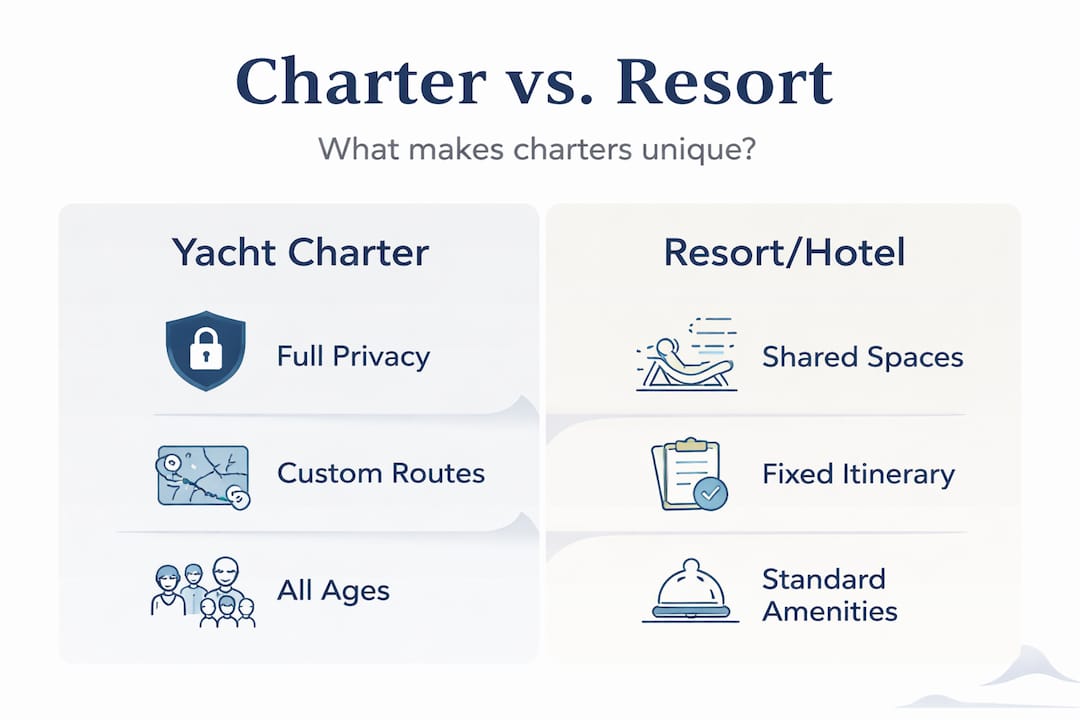 Split infographic comparing yacht charters and resorts