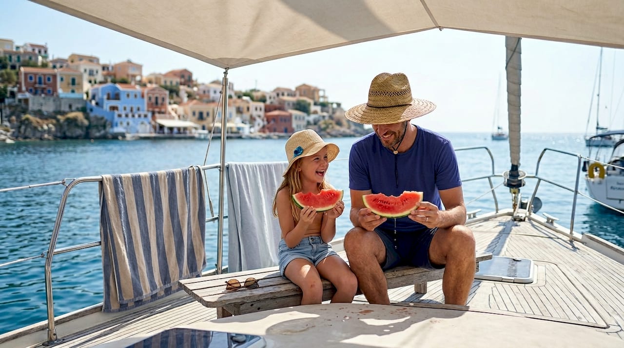 Family enjoying sailing near Greek island
