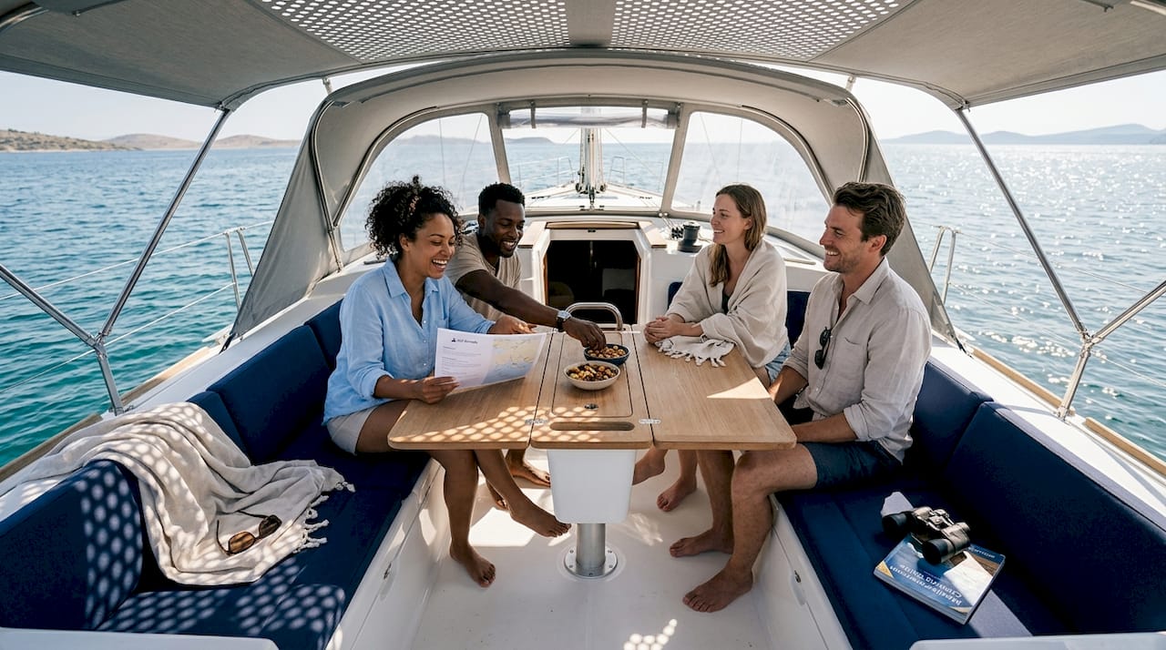 Friends relaxing in sailboat cockpit at sea