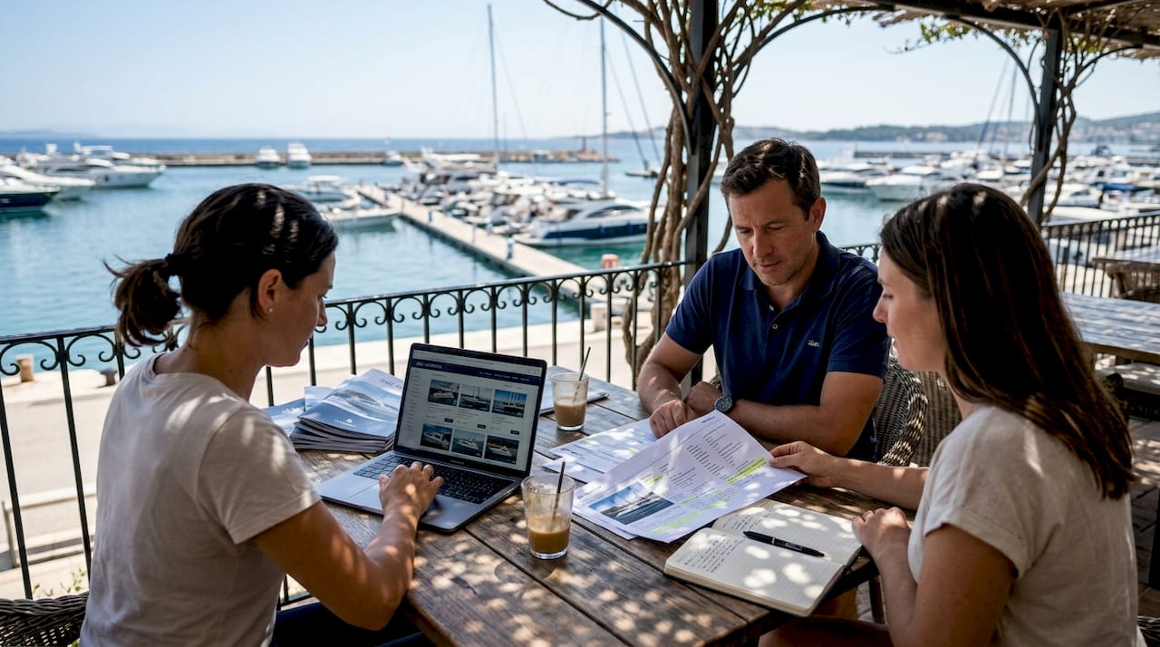 Grupul analizează opțiunile de iahturi la cafeneaua din port