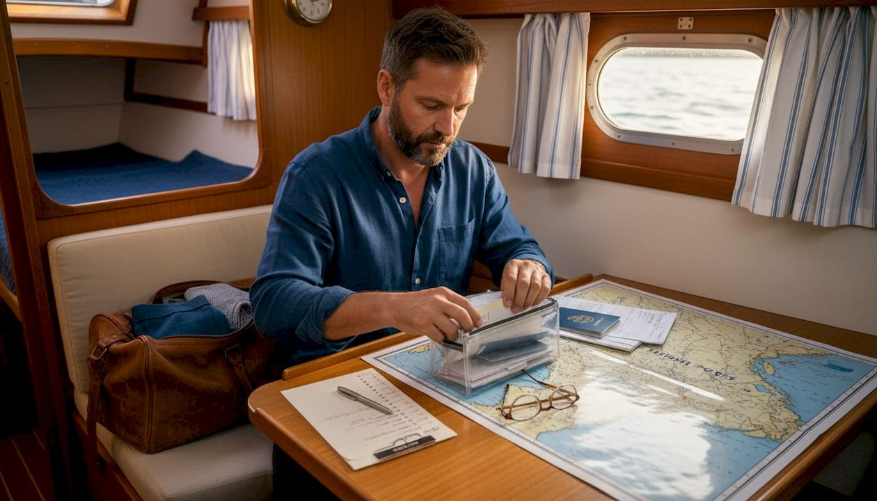 Man organizing sailing documents on yacht