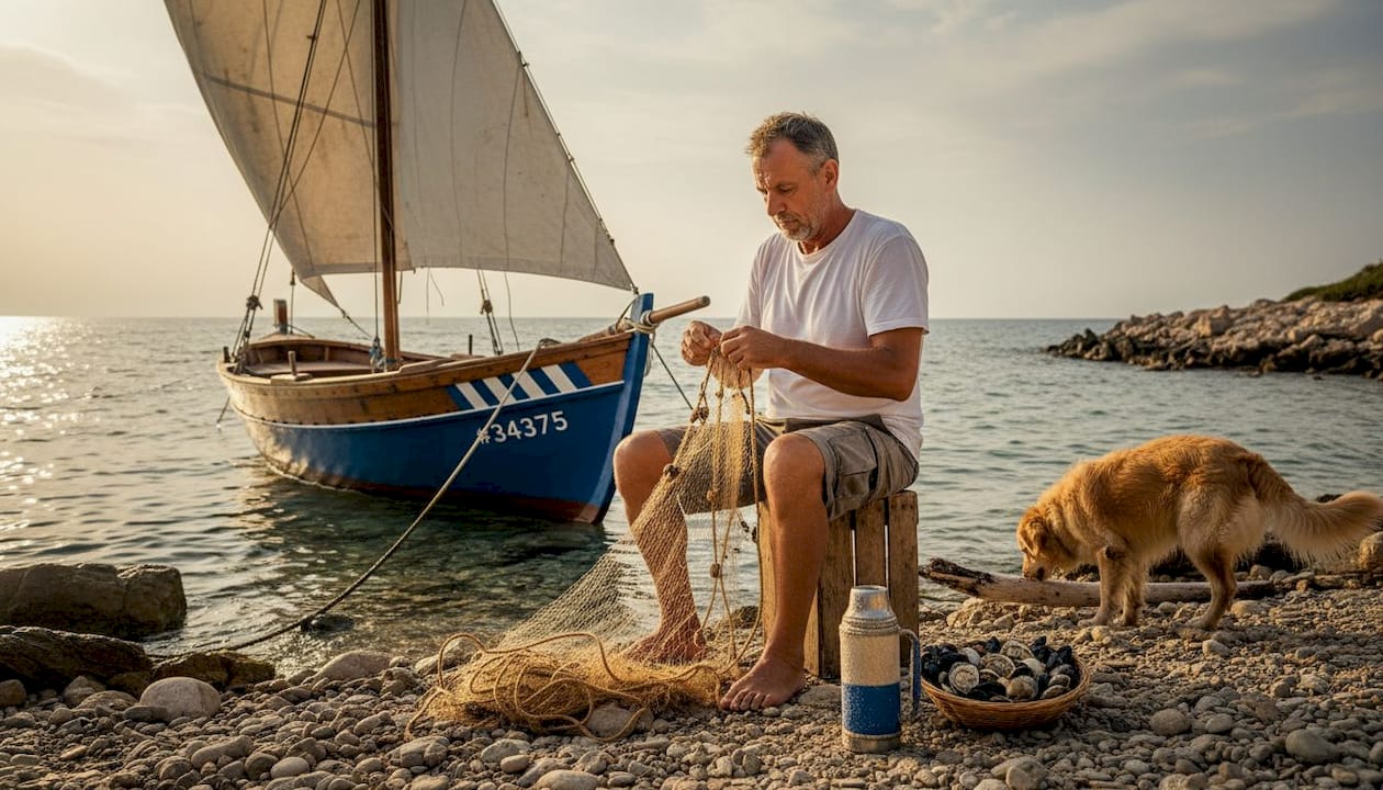 Fisherman repairs net near traditional Croatian falkuša