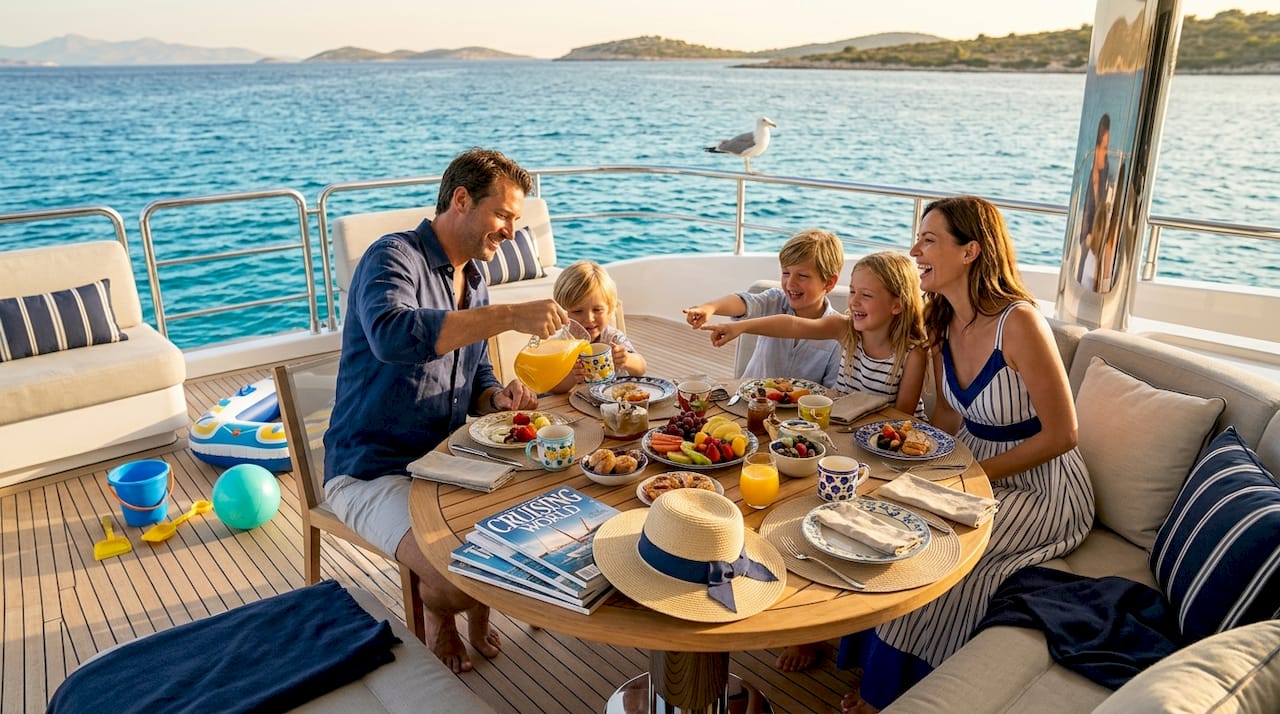 Family sharing lunch on yacht deck