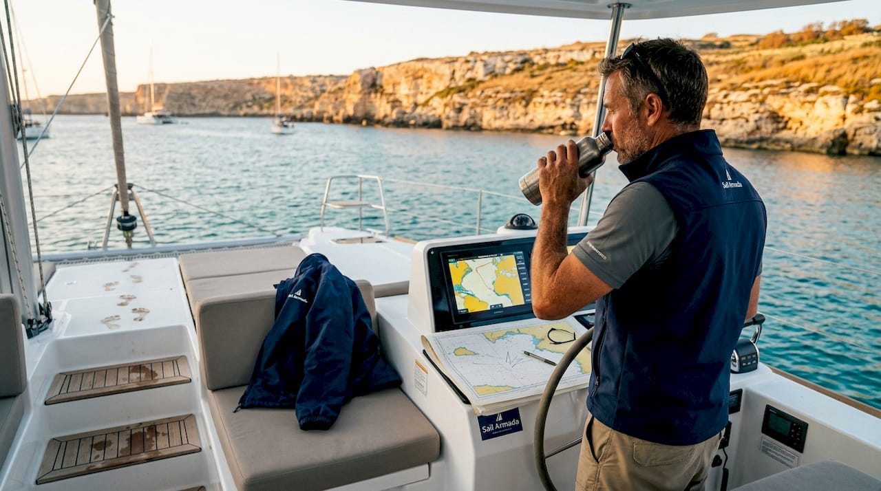 Catamaran anchored in quiet Sicilian bay in autumn