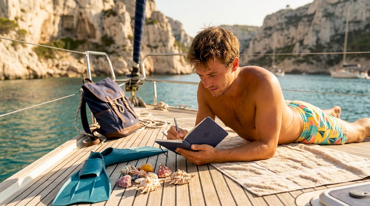 Man writing journal on yacht in calm bay