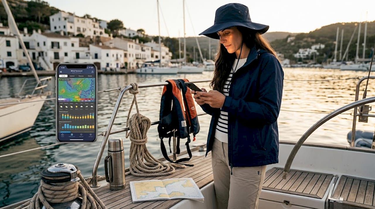Woman checks wind forecasts on sailboat deck