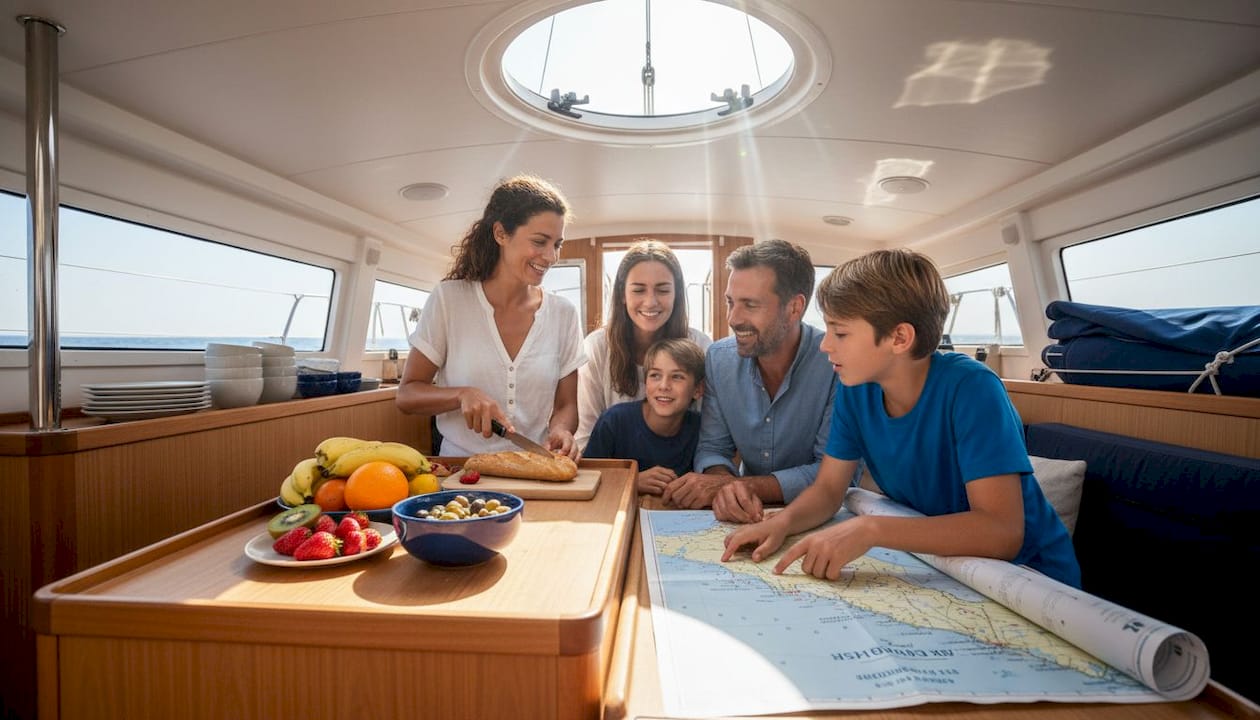 Family preparing lunch in sailboat galley