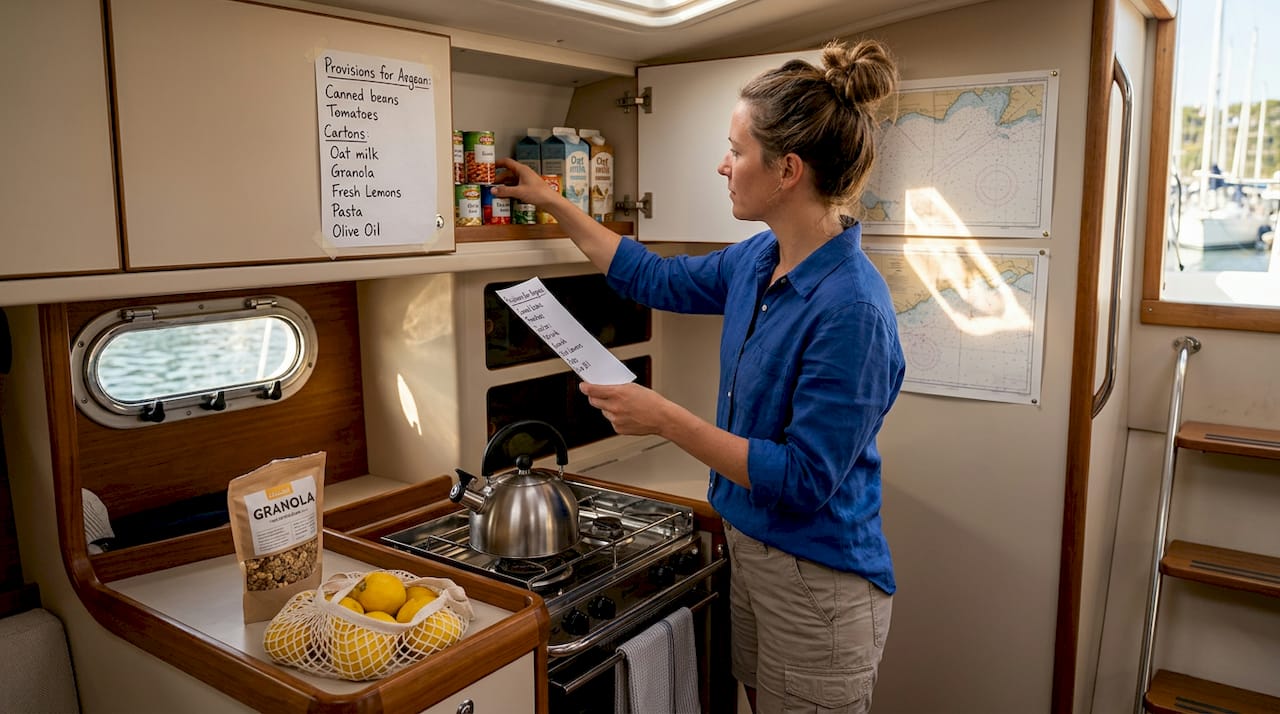 Voyager arranging provisions in sailboat galley