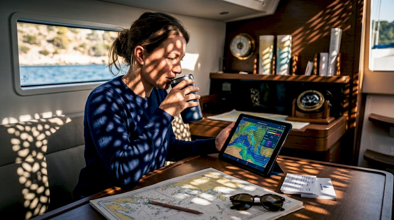 Woman checking weather app in sailboat cabin