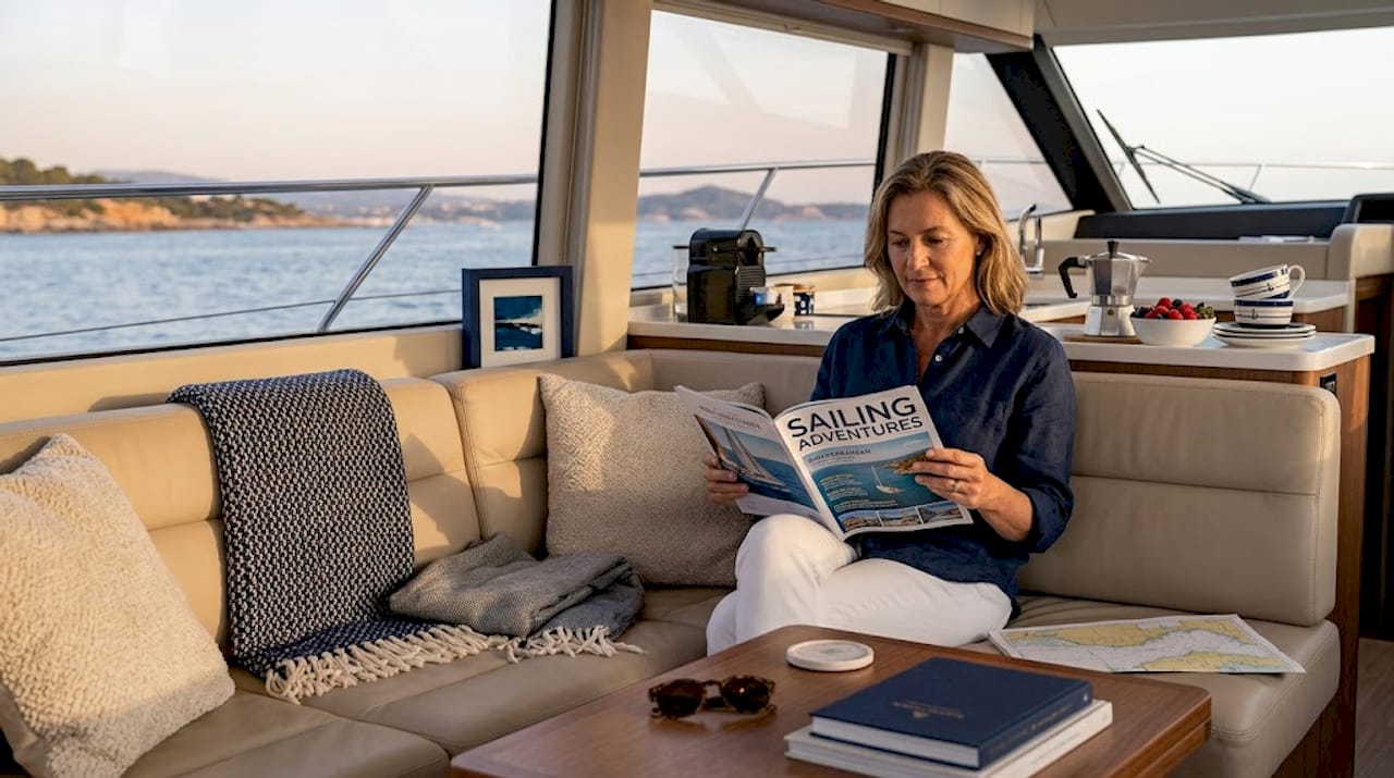 Motoryacht salon with passenger enjoying amenities