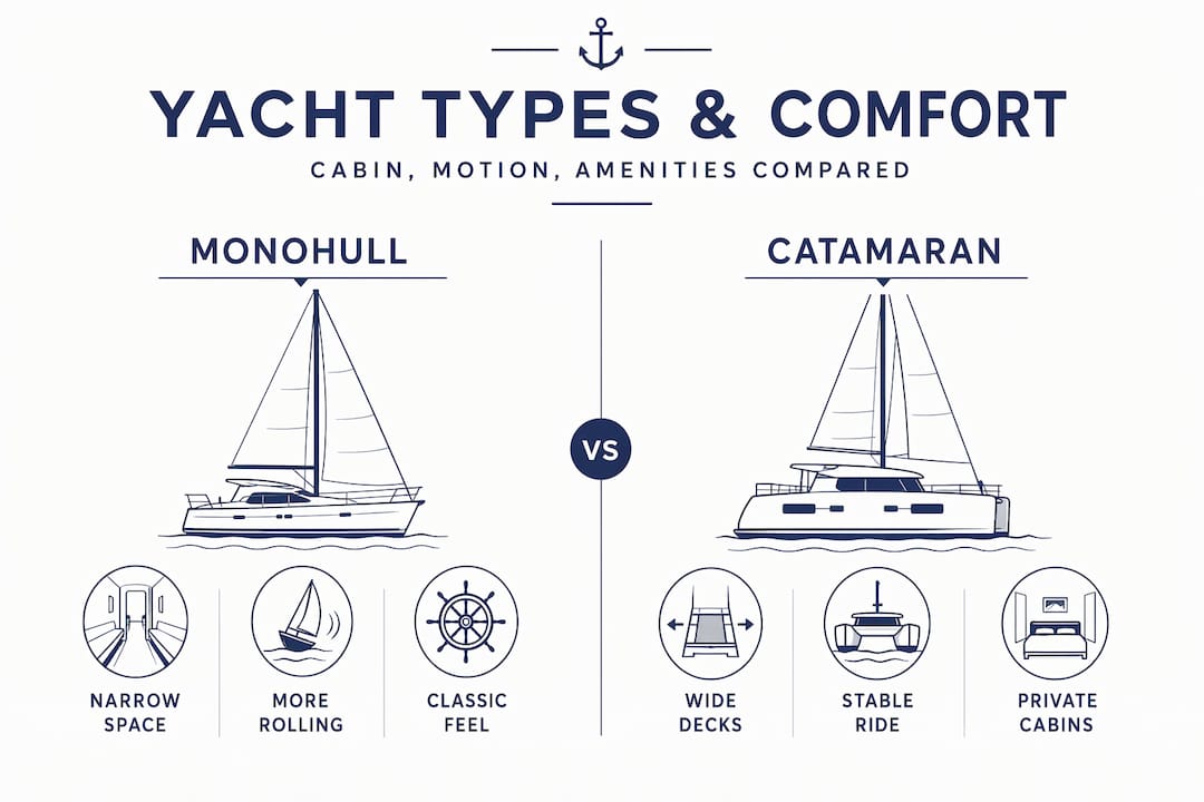 Infographic comparing monohull and catamaran comfort