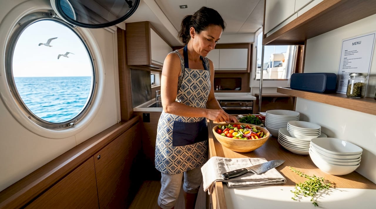 Yacht chef preparing lunch in onboard galley