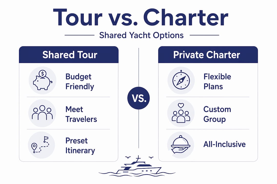 Infographic comparing shared yacht tour and private charter
