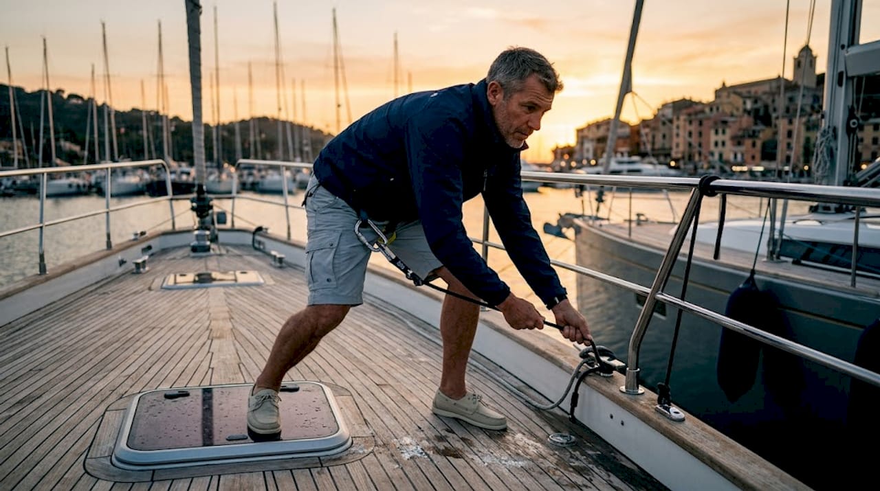 Sailor practicing safety harness on yacht deck